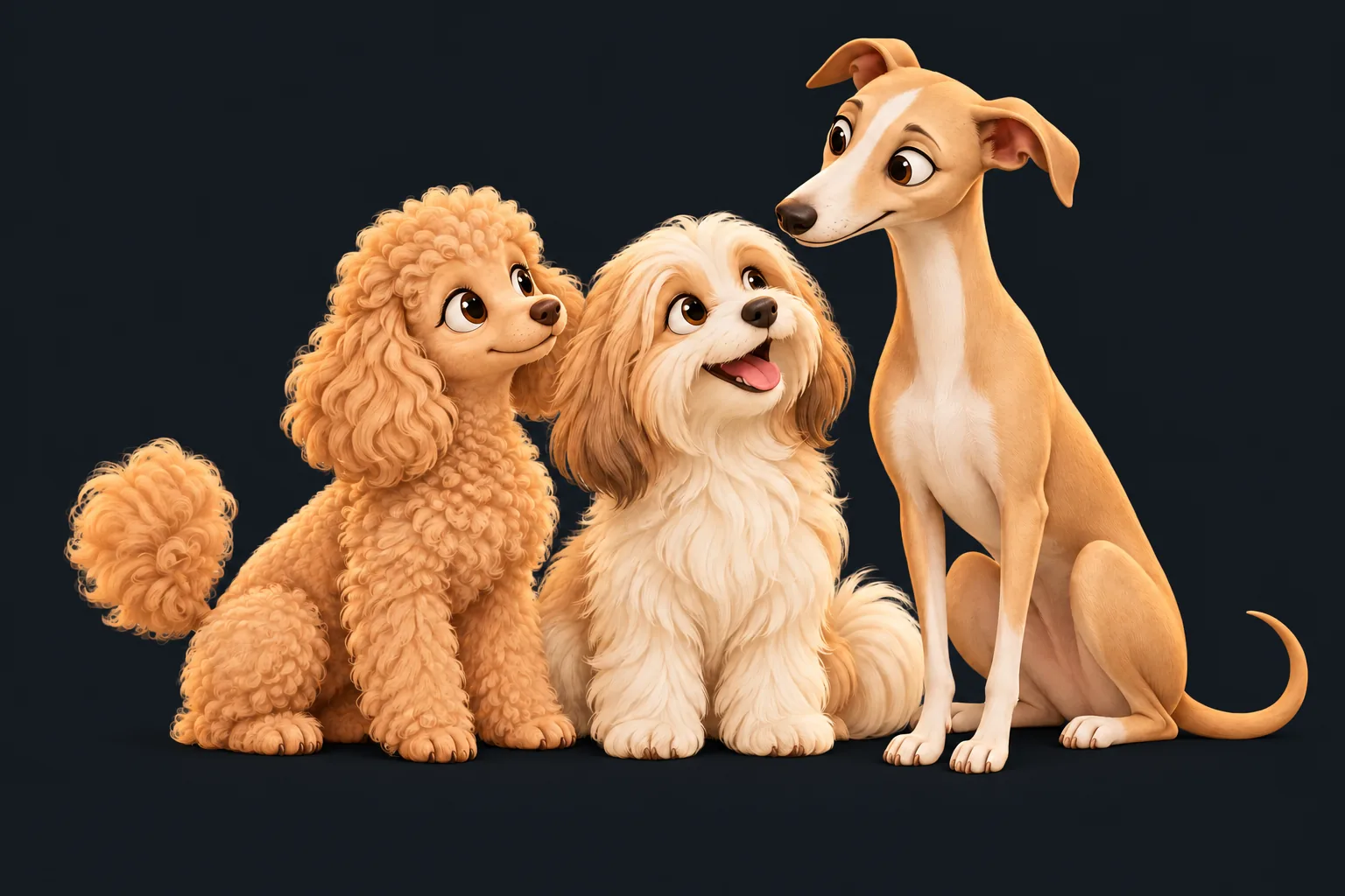 A group of different dog breeds illustrated in the Rosi style