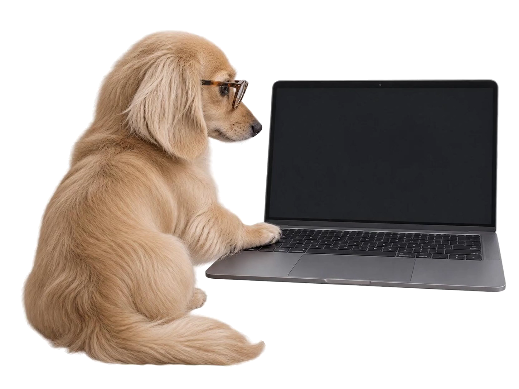 A red dachshund watches 16 different dachshund personalities on his laptop.